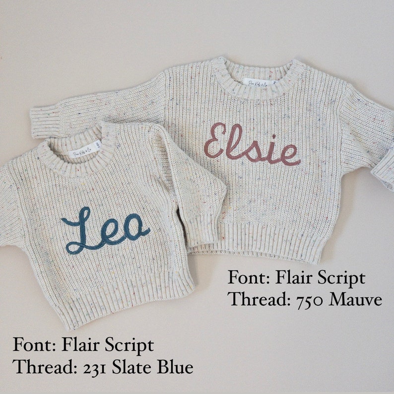 Chunky knit oversized fit sweater with confetti color specks and custom large machine embroidery. Thread color and name or saying of choice is completely personalizable. Modern, neutral, and minimal design for baby, toddler, and kids.