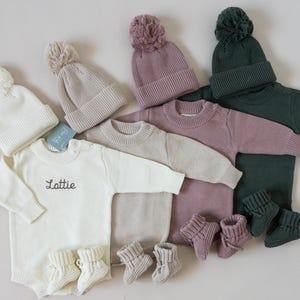 Knit baby romper embroidered birth baby announcement, oversized long sleeve, personalized embroidery, name reveal outfit, organic cotton