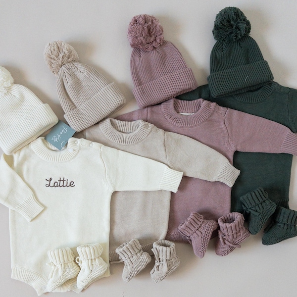 Embroidered Knit Baby Romper: Personalized Name Reveal, Organic Cotton