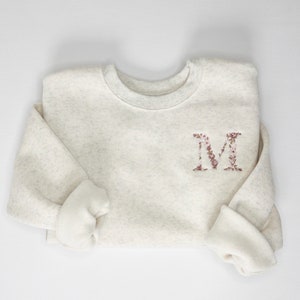 Oatmeal color floral custom embroidered toddler kids adult sweatshirt - initial sweater - name long sleeve / shirt - personalized embroidery