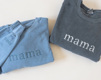 Mama floral neutral embroidered sweatshirt, adult unisex, plus sizes, Mother’s Day gift, tone on tone mono or ivory thread sleeve embroidery