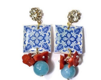 Sicilian earrings , majolica coral and turquoise earrings , azulejos earrings , moroccan tiles earrings , portuguese tiles , zyrcon earrings