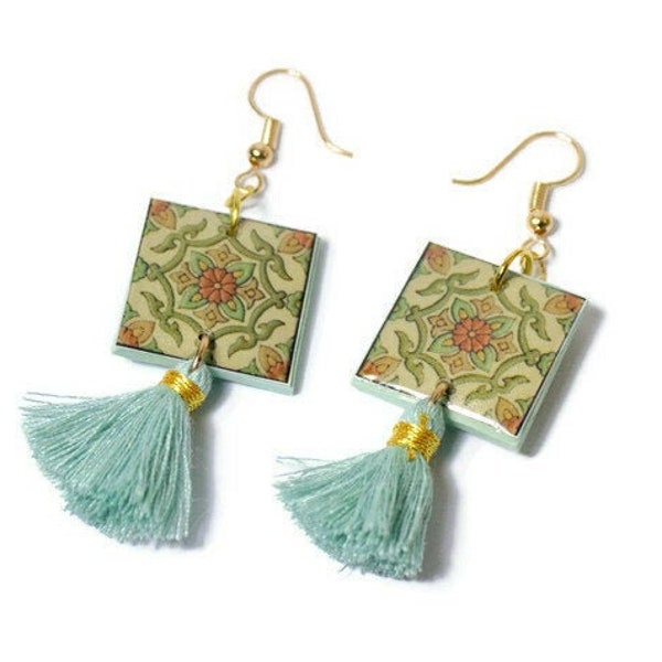 Boucles d’oreilles siciliens, boucles d’oreilles maiolica vert menthe, boucles d’oreilles gland, boucles d’oreilles en tuiles marocaines, azulejos portugais, bijoux sicile