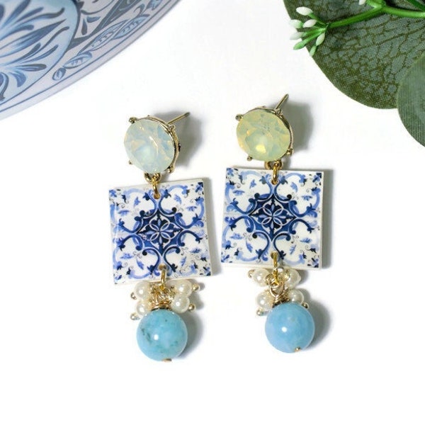 Sicilian maiolica earrings , turquoise earrings , moroccan tiles earrings , blue portuguese azulejos , Sicily jewelry made in Italy