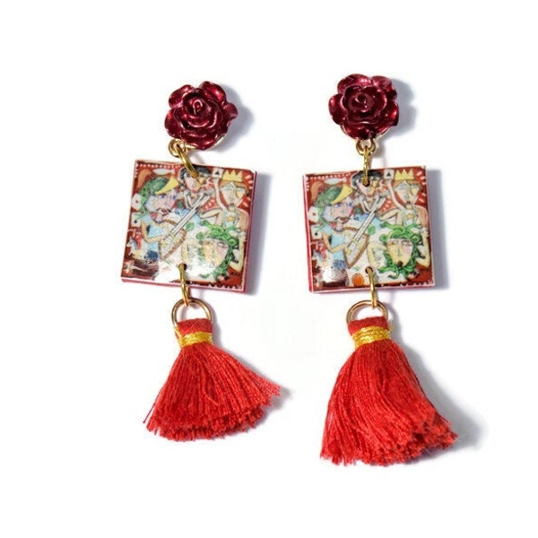 Boucles d’oreilles siciliennes , boucles d’oreilles en majolique rouge , boucles d’oreilles azulejos , boucles d’oreilles en céramique , boucles d’oreilles en carreaux marocains , bijoux en carreaux portugais