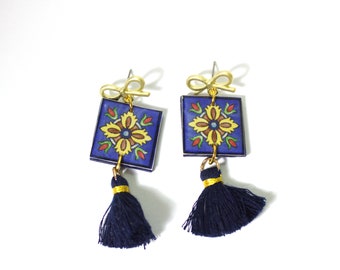 Sicilian earrings , blue majolica earrings , azulejos earrings , tassel earrings , moroccan tiles earrings , portuguese tiles jewelry