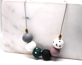 Modern Polymer Clay Necklace – Geometric Beaded Jewelry, Minimalist Cord, Artistic Statement