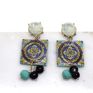 Sicilian Mandala Tile Earrings, Opal Crystal, Turquoise Purple Beads