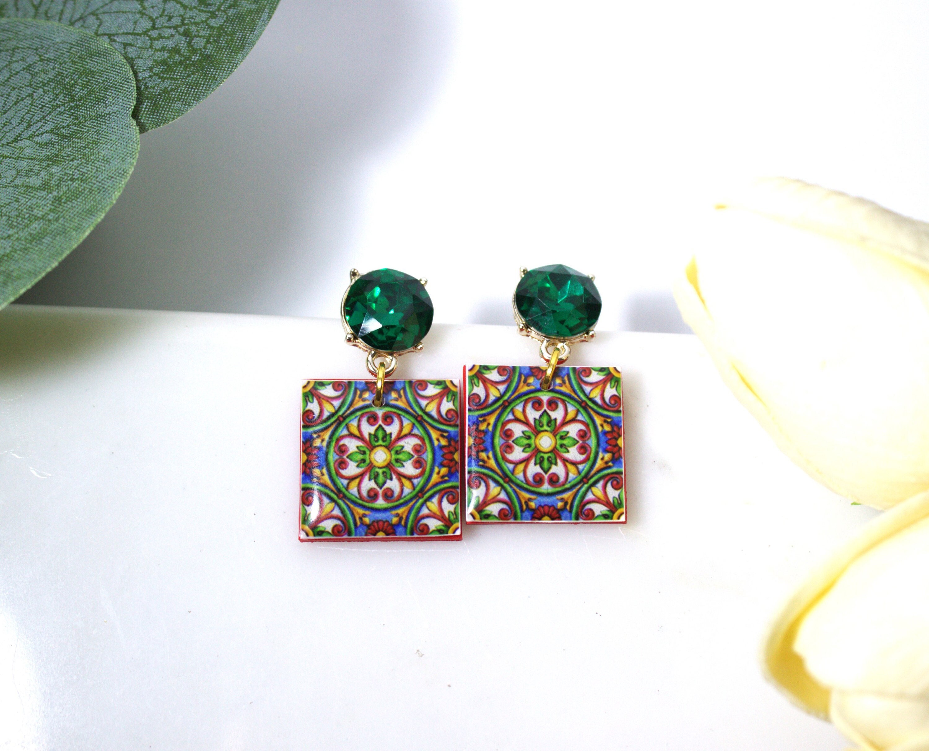Sicilian earrings , red majolica earrings , azulejos earrings , ceramic earrings , moroccan tiles earrings , portuguese tiles jewelry