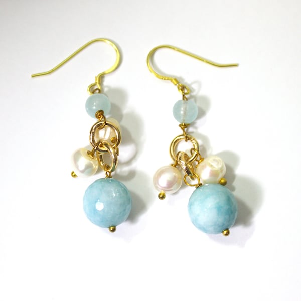 Orecchini angelite azzurra , perle e cristalli , orecchini da sposa , orecchini per damigella