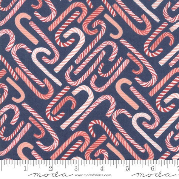 To Be Jolly Midnight Blue Candy Cane Christmas Fabric by 1 Canoe 2 for Moda Fabrics - REMNANT 14"