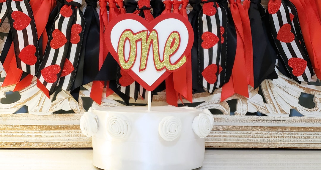 Red and Gold Heart Birthday Cake Topper, ONE Heart Smash Cake Topper ...
