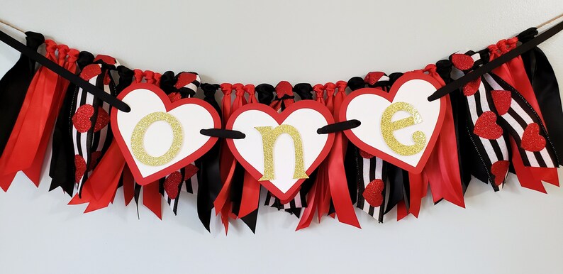 Queen of Hearts One or Two Birthday Banner Heart Highchair Banner Valentine Birthday Banner Red and Gold Handcrafted Birthday Banner