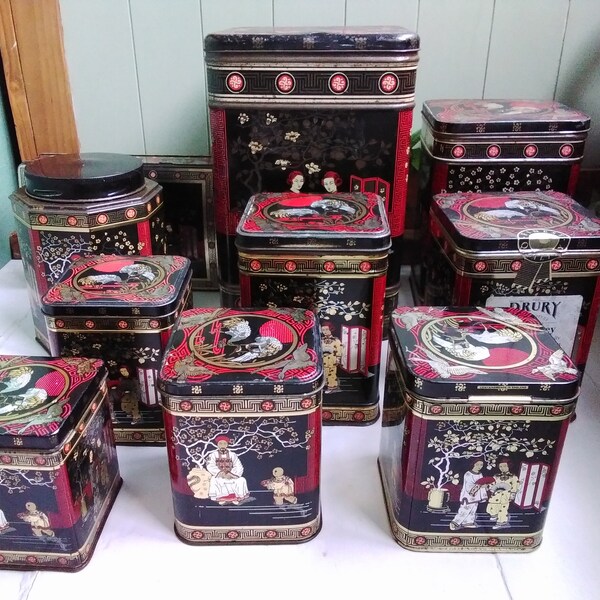 Vintage Oriental tins various. Storage canisters. Tea caddy.