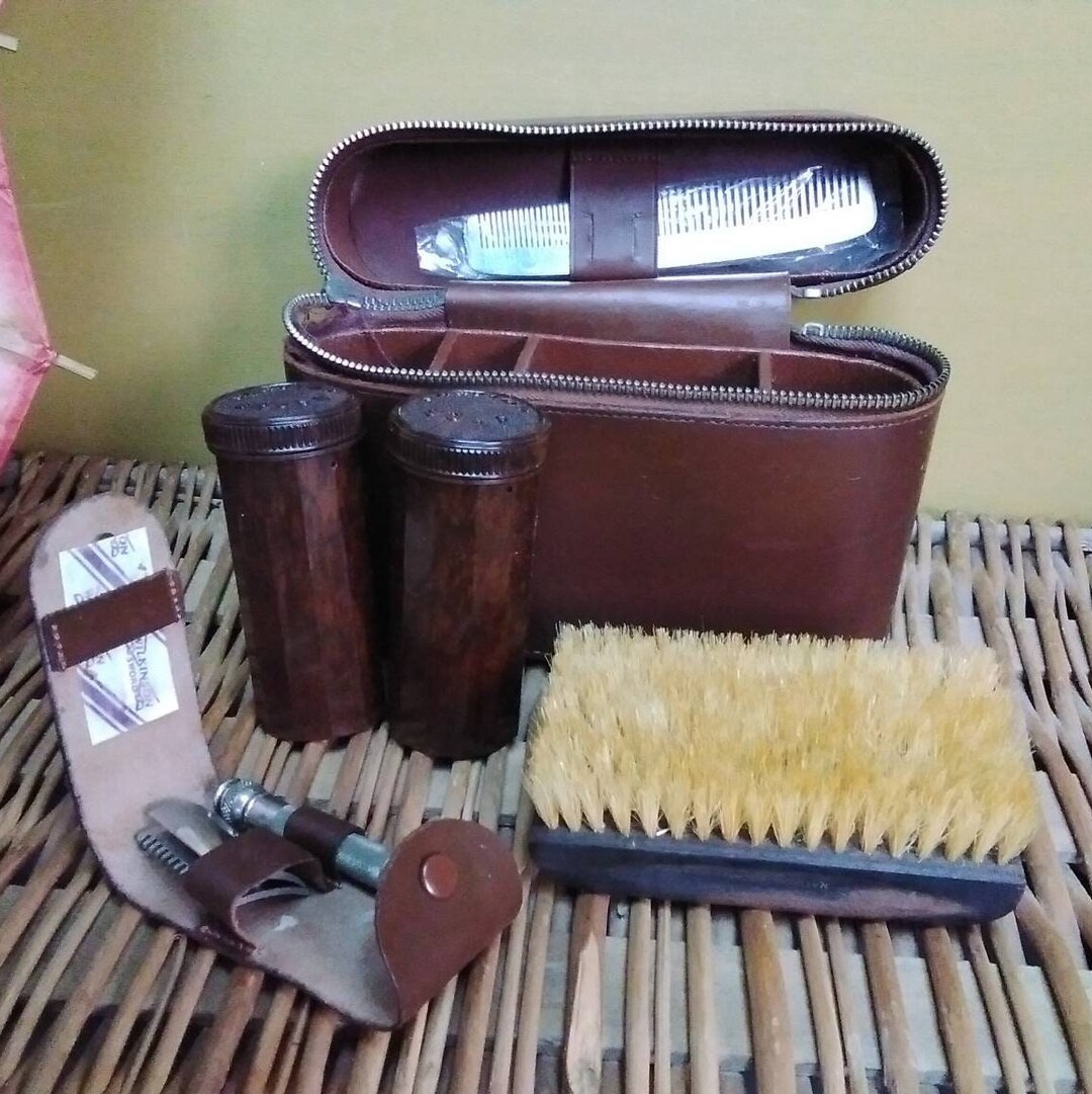 Vintage Shaving Kit in Leather Zip up Case. Wet Razor. Brush Etsy