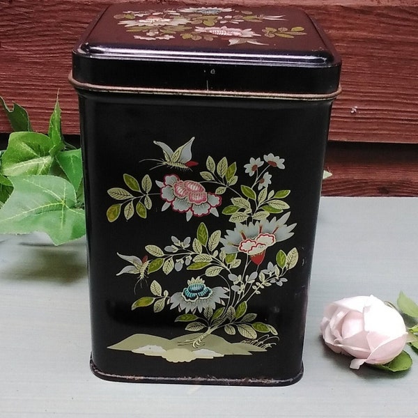Tin. Vintage Black Floral Tin. Tea caddy. Collectable tins. Enamel tin only