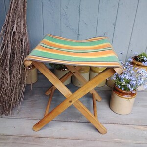 Vintage Folding Stool. Candy Striped Canvas Wooden Chair. Camping