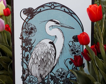 Heron - handmade linocut print