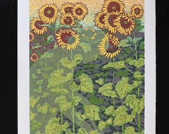 Girasoli, giardino, linoleografia originale fatta a mano