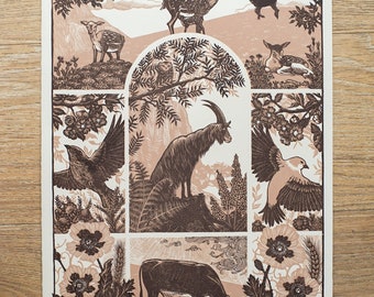 Meadows and hills handmade linocut print