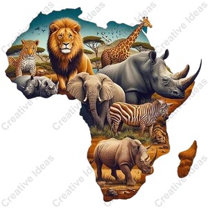 May include: Digital illustration of the African continent featuring wildlife. A lion, leopard, giraffe, rhino, elephant, and zebra are shown. The image is set against a backdrop of a blue sky and savanna landscape.