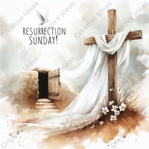Puede incluir: Ilustración en acuarela con una cruz de madera cubierta con tela blanca, una tumba de piedra con una puerta abierta y una paloma. El texto "RESURRECTION SUNDAY!" está presente. Flores blancas y hierba en la base de la cruz.