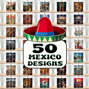 Paquete de 50 diseños de México para envoltorios de vasos, vaso delgado de 20 oz, diseño de sublimación, descarga digital, vaso PNG, clip art, arte de pared