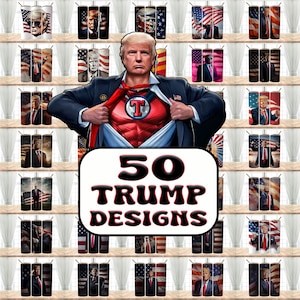 Peut inclure: Un collage de 50 designs différents mettant en scène des images de Donald Trump. Les designs présentent diverses poses et décors, avec un accent sur le patriotisme américain et la symbolique. Le texte "50 TRUMP DESIGNS" est affiché au centre de l'image.