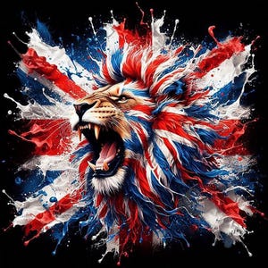Puede incluir: Ilustración digital de un león rugiente con melena y pelaje con los colores de la bandera británica. El fondo presenta la bandera británica con efectos de salpicaduras de pintura roja, blanca y azul sobre un fondo negro.