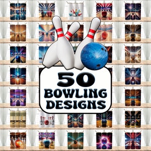 Puede incluir: 50 diseños diferentes para vasos temáticos de bolos. Los diseños presentan bolas de bolos, bolos y pistas en varios colores y patrones.