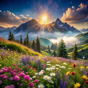 May include: A vibrant landscape painting of a mountain range at sunset. The sun bursts through the clouds, casting golden rays over the peaks. A meadow of colorful wildflowers, including pink, purple, yellow, and white blooms, fills the foreground.