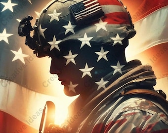May include: Digital art of a soldier in uniform, with a helmet adorned with the American flag and stars. The background features a waving American flag, with a warm, golden light illuminating the scene. The soldier is holding a rifle.