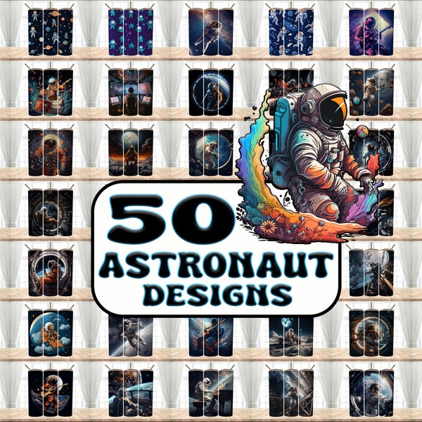 50 Astronaut Designs Bundle Tumbler Wraps , 20 oz Skinny Tumbler Sublimation Design Digital Download PNG Tumbler, Clip Art, Wall Art