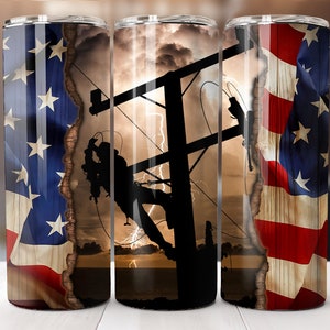 Lineman American Flag 20 oz Skinny Tumbler Sublimation Design Digital Download PNG Lineman Tumbler