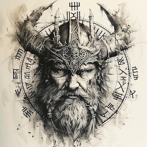 Può includere: Illustrazione in bianco e nero di un guerriero vichingo. L'opera presenta un uomo barbuto con un elmo cornuto e una corona, con un design circolare e rune sullo sfondo. Il guerriero ha un'espressione intensa.
