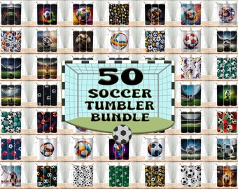 May include: A set of 50 soccer-themed tumbler designs. The tumblers feature a variety of soccer-related images, including soccer balls, players, and stadiums. The designs are perfect for soccer fans and would make a great gift.
