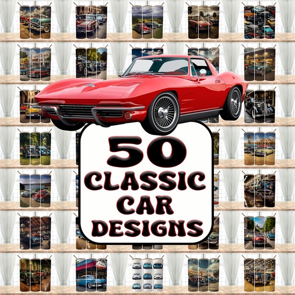 50 Classic Car Designs  Bundle Tumbler Wraps , 20 oz Skinny Tumbler Sublimation Design Digital Download PNG Tumbler, Clip Art, Wall Art