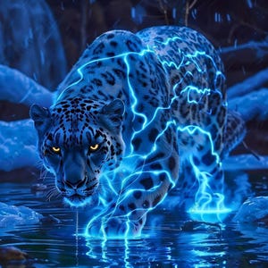 May include: A digital illustration of a snow leopard with glowing blue lightning bolts coursing through its body. The big cat is depicted in a watery environment with yellow eyes and a determined gaze.