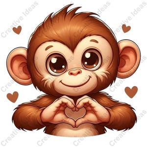 May include: A cartoon monkey illustration in shades of brown, with big eyes and a smile, forming a heart shape with its hands. Brown hearts are scattered around the monkey against a white background. The words "Creative Ideas" are in the background.