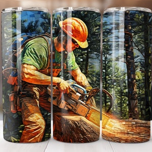 May include: A stainless steel tumbler featuring a colourful image of a person using a chainsaw to fell a tree in a forest. The image is composed of small, colourful squares.