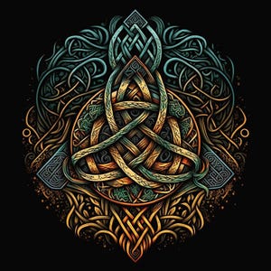 Könnte beinhalten: Detaillierte Illustration eines keltischen Knotenmusters. Das Kunstwerk zeigt einen zentralen Triquetra-Knoten in Gold-, Grün- und Brauntönen, umgeben von komplizierten, ineinander verschlungenen Mustern in Türkis und Gold auf schwarzem Hintergrund. Das Design hat eine symmetrische, kreisförmige Komposition.