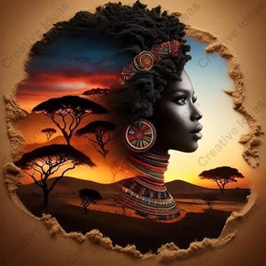 May include: Digital art of a woman's profile with dark skin, adorned with traditional African jewelry and a head wrap. The background depicts an African savanna scene with acacia trees and a sunset.