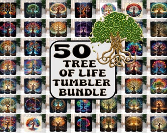 May include: A collage of 50 different designs of colorful tree of life tumblers. The tumblers are all different colors and designs, but they all feature a tree of life motif. The text "50 Tree of Life Tumbler Bundle" is in the center of the image.