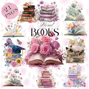 Puede incluir: Ilustraciones en acuarela de libros con arreglos florales. La imagen presenta pilas de libros con rosas, margaritas y otras flores. El texto "Floral Books" se muestra en el centro. Un círculo rosa con el texto "21 PNG's" está en la esquina superior izquierda.
