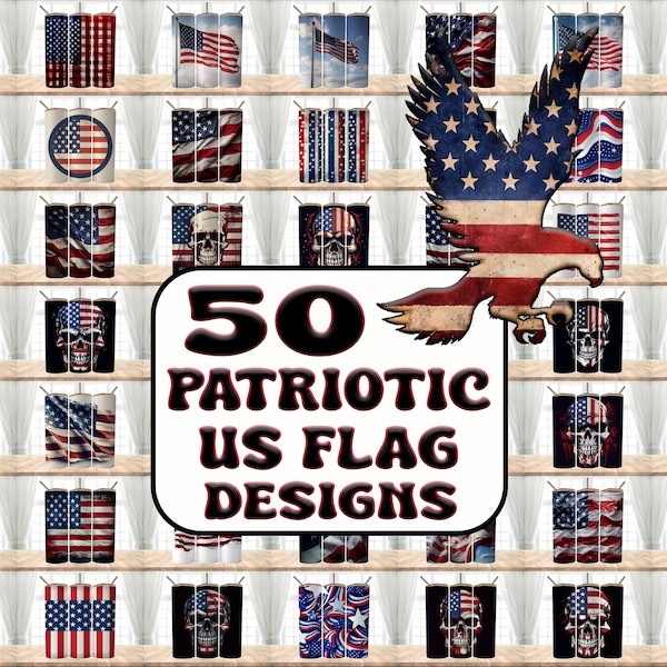 50 diseños patrióticos de la bandera de EE. UU. Paquete de envolturas de vaso, diseño de sublimación de vaso delgado de 20 oz Descarga digital Vaso PNG, Clip Art, Arte de pared