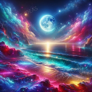 Pode incluir: Uma vibrante obra de arte digital que retrata uma paisagem celestial. A cena apresenta uma grande lua azul brilhante, nuvens coloridas e um corpo de água refletindo a luz. A paleta de cores inclui tons de azul, rosa, roxo e laranja.