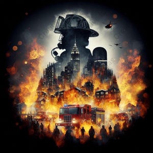 Könnte beinhalten: Eine künstlerische Illustration zeigt die Silhouette eines Feuerwehrmanns vor einer brennenden Stadtlandschaft. Ein rotes Feuerwehrauto steht im Vordergrund, Flammen verschlingen Gebäude. Ein Hubschrauber und Vögel fliegen im rauchigen Himmel, mit dunklem Hintergrund.