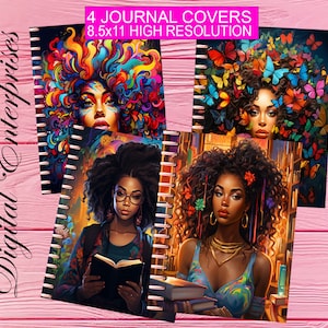 4 Journal Covers Bundle  Black Woman , | Notebook Covers | Back to School | Composition Notebook |PNG Download 8,5x11 / A4