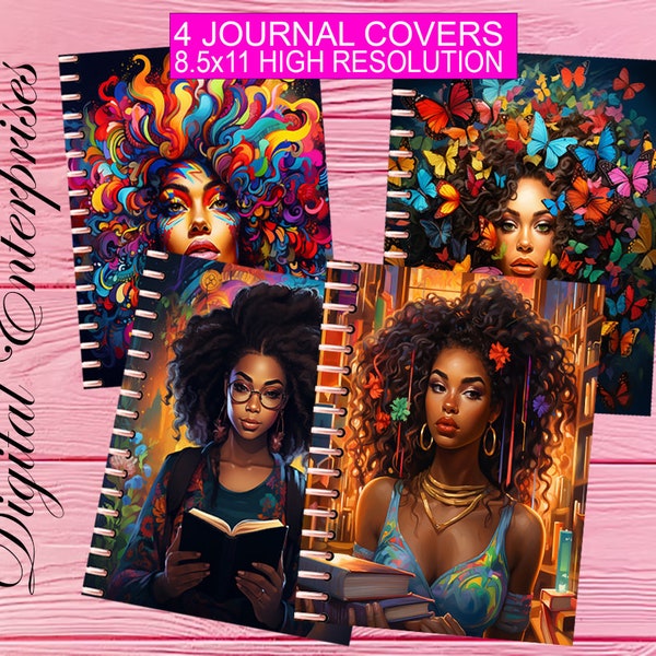 4 Journal Covers Bundle  Black Woman , | Notebook Covers | Back to School | Composition Notebook |PNG Download 8,5x11 / A4
