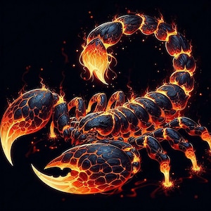 May include: A digital illustration of a scorpion with a fiery design. The scorpion is black with orange and yellow flames emanating from its body, claws, and tail, set against a black background. The artwork has a detailed, textured appearance.